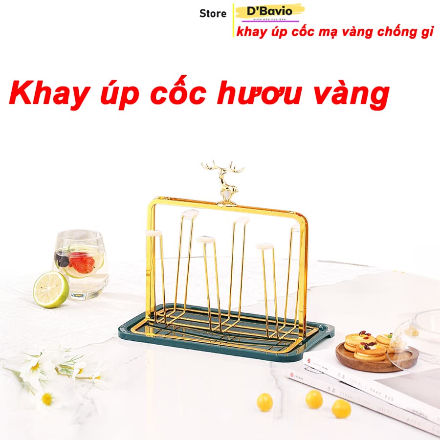 Khay úp cốc uống nước, Giá để cốc mạ vàng hình hươu sang trọng cực đẹp - Dbavio