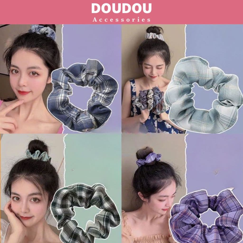 Dây buộc tóc Scrunchies Doudou Dây cột tóc vải caro phong cách JK nữ sinh trung học thời trang FQ001