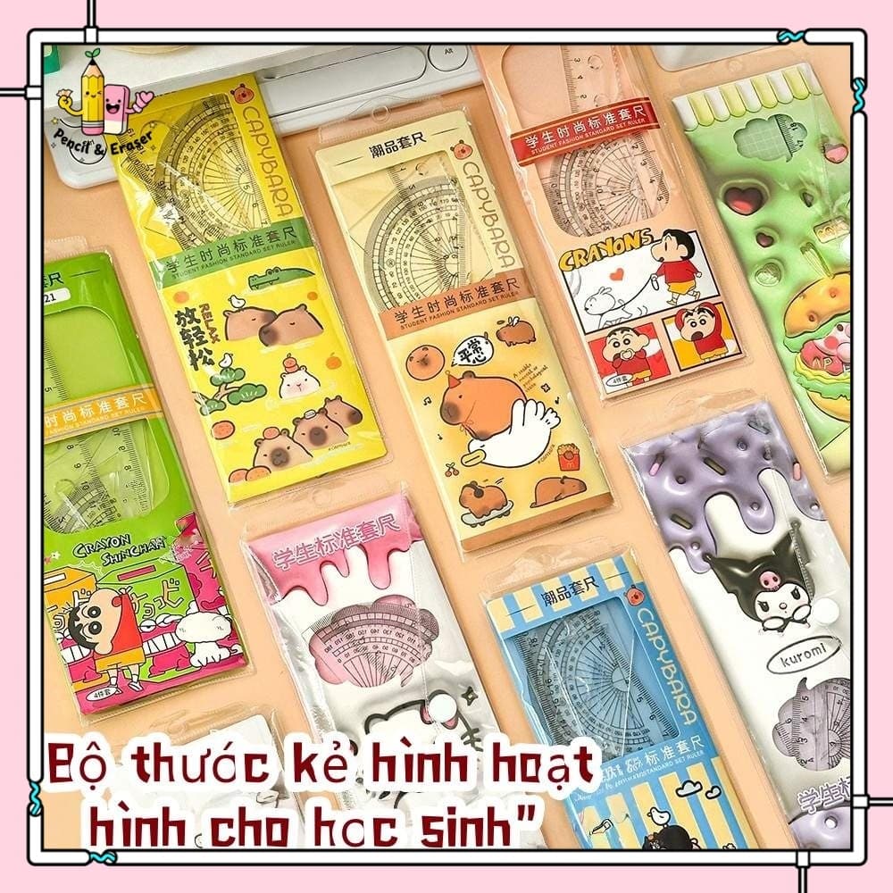 Bộ Thước Kẻ Đa Năng Hình Hoạt Hình Ngộ Nghĩnh – Full Set Bao Gồm: Thước Đo Góc, Thước 20cm, Thước Tam Giác
