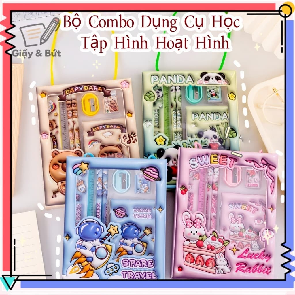 Bộ 6 Dụng Cụ Học Sinh – Hộp Giấy Có Quai, Gồm: Bút Chì, Tẩy, Gọt, Thước, Sổ