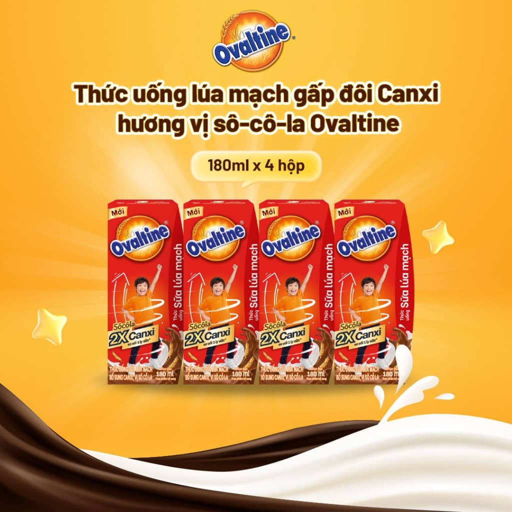 [Date tháng 1 2027] Thức uống lúa mạch gấp đôi Canxi hương vị sô-cô-la Ovaltine hỗ trợ tăng chiều cao (180ml x 4)