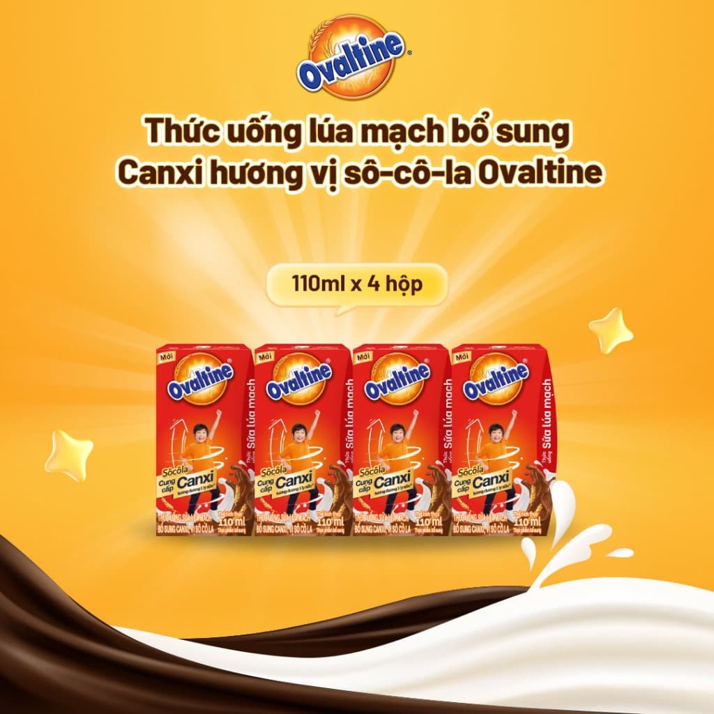 Thức uống lúa mạch thêm Canxi hương vị sô-cô-la Ovaltine hỗ trợ tăng chiều cao (110ml x 4)