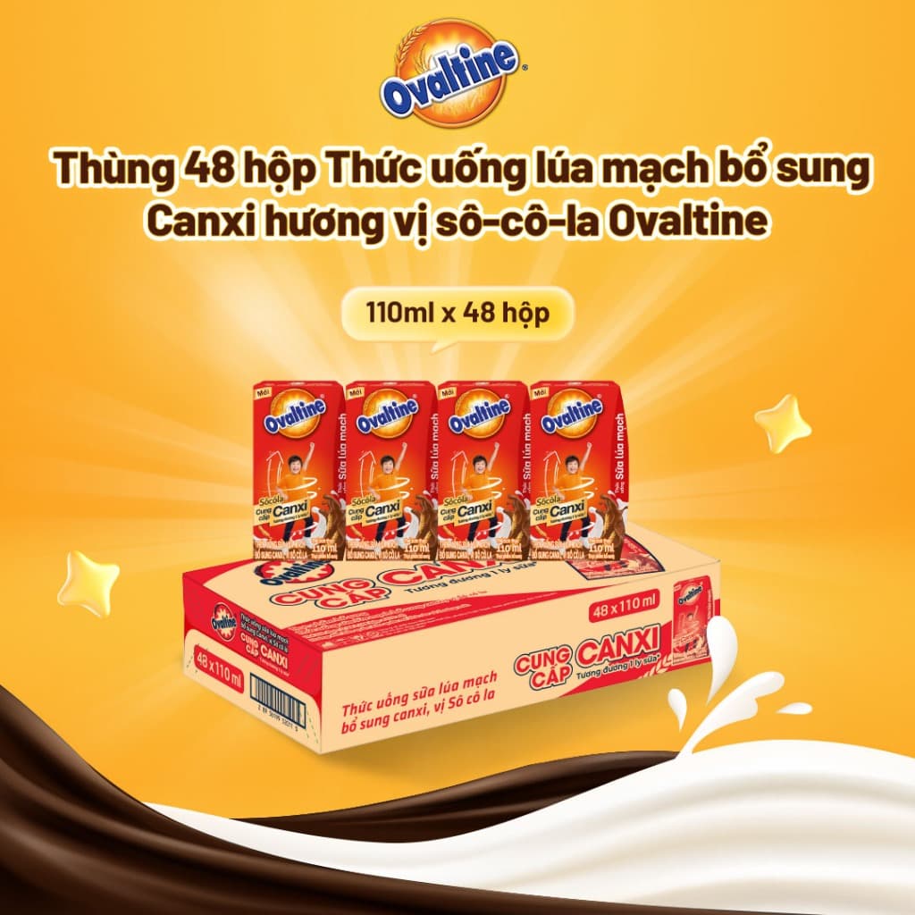 Thùng 48 hộp Thức uống lúa mạch thêm Canxi hương vị sô-cô-la Ovaltine hỗ trợ tăng chiều cao (110ml x 48)