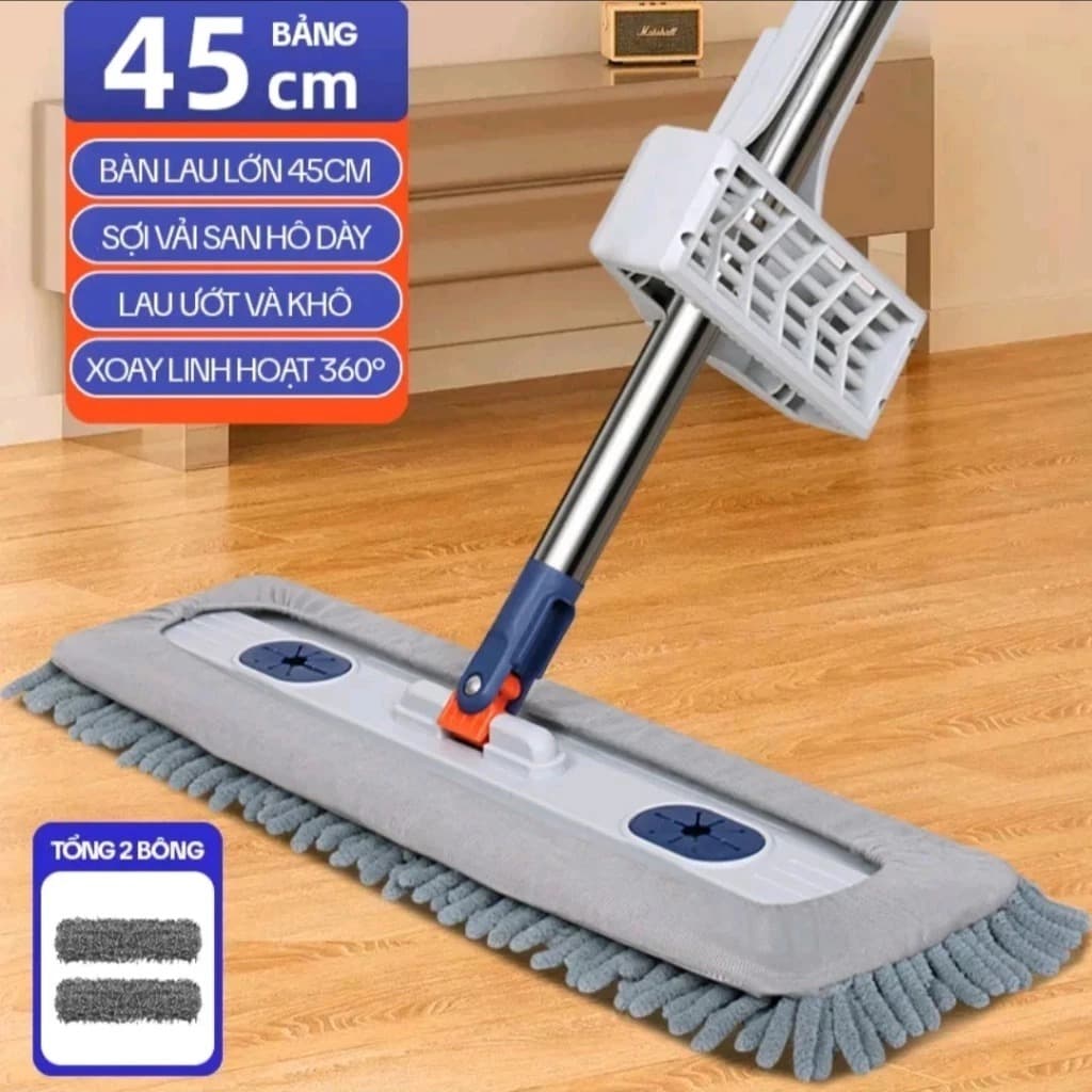 Cây Lau Nhà Tự Vắt 45cm - Cây Lau Sàn Tiện Lợi Bông Lau San Hô Sợi Microfiber Siêu Thấm Hút
