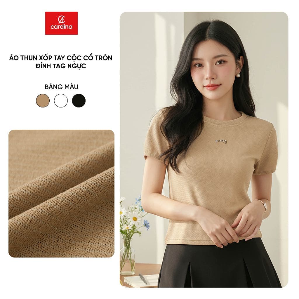 Áo thun nữ CARDINA chất thun xốp tay cộc cổ tròn đính tag ngực 6ATC14