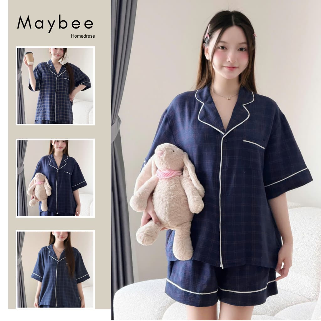 MB-SET-022 Set đồ ngủ ngắn tay xanh than kẻ ô vuông dáng rộng Maybee Homedress