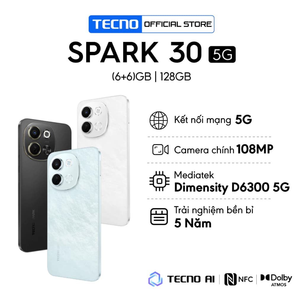 Điện Thoại Tecno Spark 30 5G | (6+6)GB/128GB | Camera 108MP | Màn Hình 6.67" 120Hz |Chính Hãng