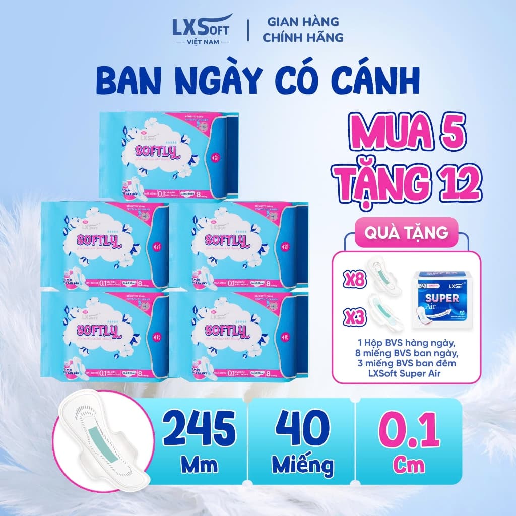 [ Tặng 12 quà ] Combo 5 Băng vệ sinh Lxsoft Softly KHÔNG BẠC HÀ mặt bông lượn sóng, siêu mềm mỏng, siêu thấm hút