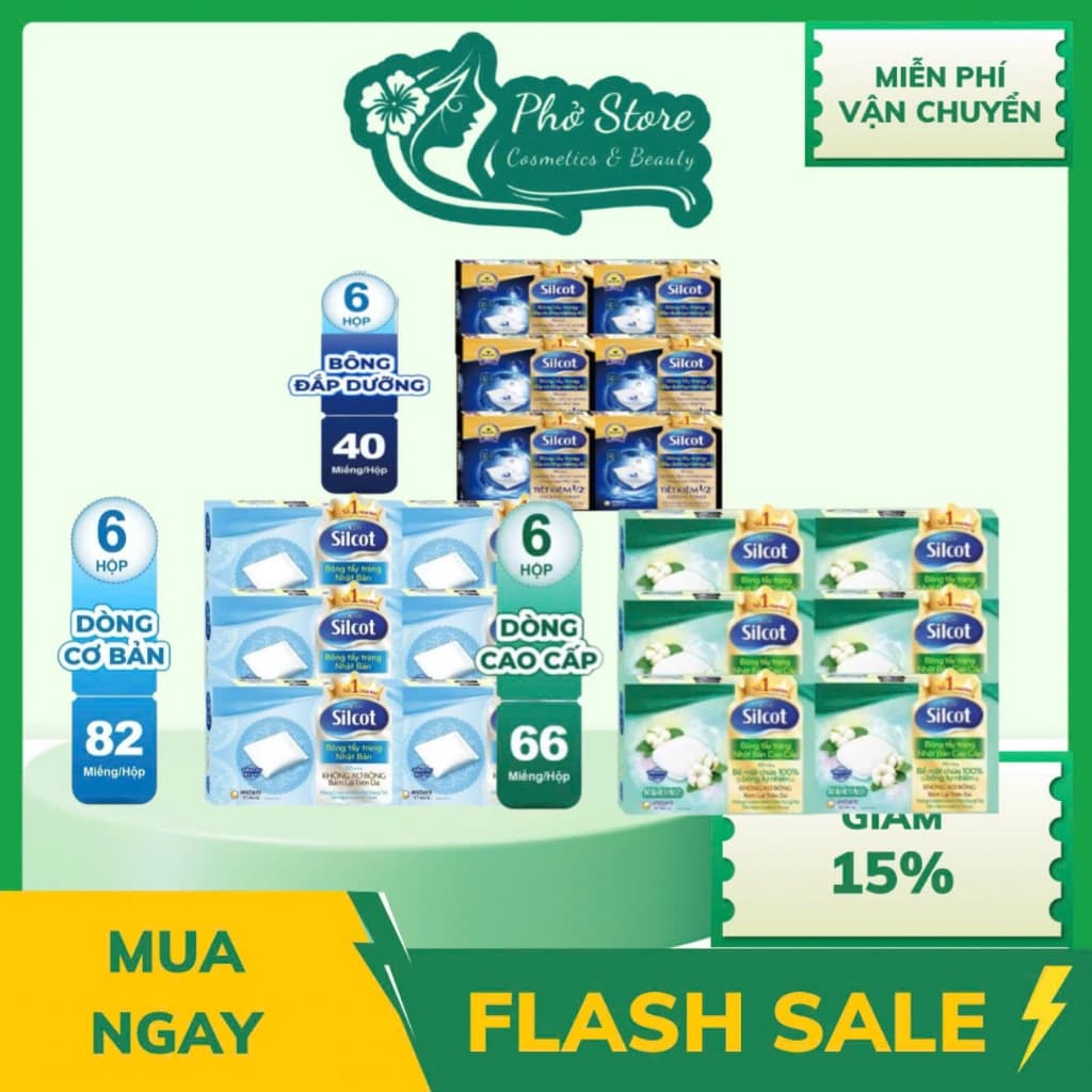 Bộ 6 hộp Bông tẩy trang Silcot Cơ Bản 82 Miếng, Cao Cấp 66 Miếng, Đắp Dưỡng 40 Miếng/ Hộp