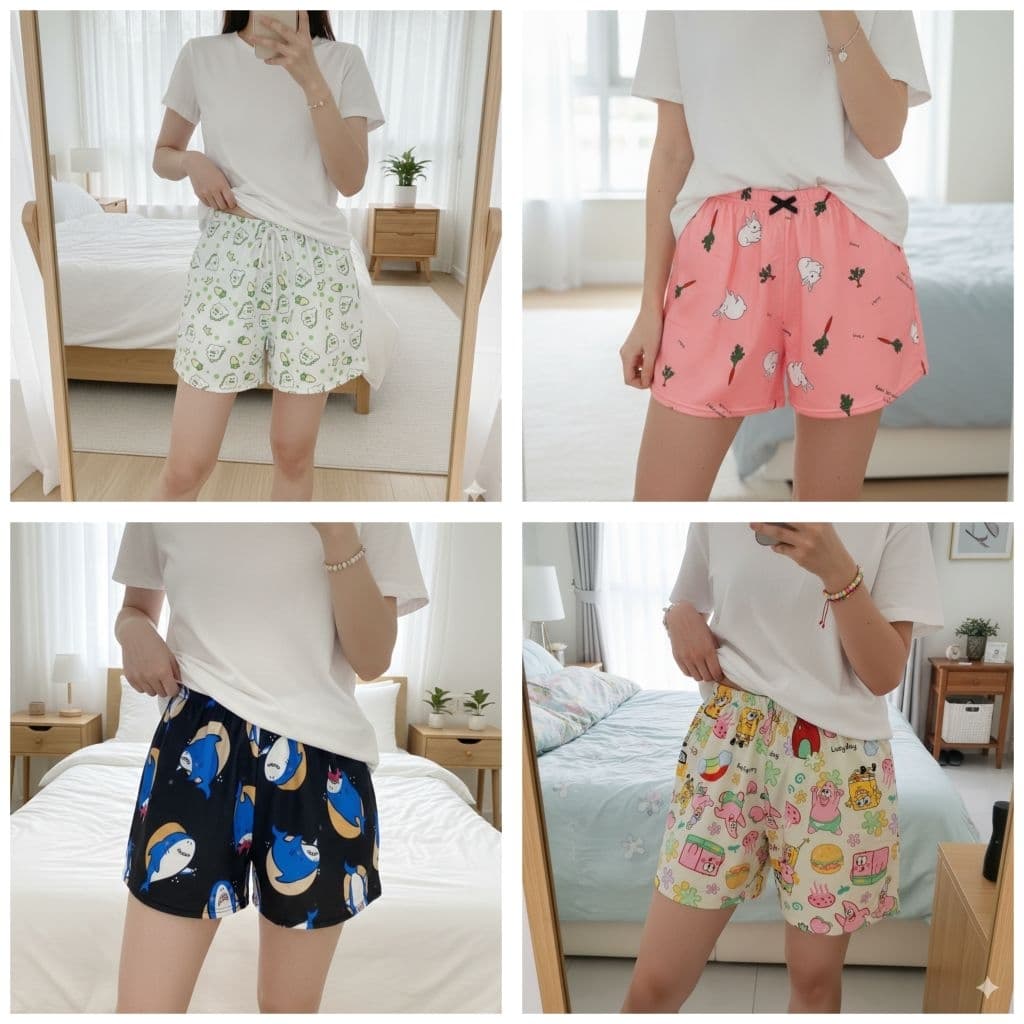 [Size 38kg-70kg] Quần đùi nữ mặc nhà thun lạnh họa tiết, lưng thun co giản, thoáng mát