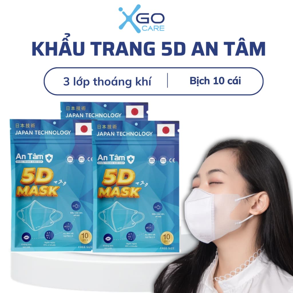 Set 5 bịch 50 cái khẩu trang 5d mask kháng khuẩn ngăn bụi mịn mềm mại không lem son chính hãng An Tâm  AT5DO