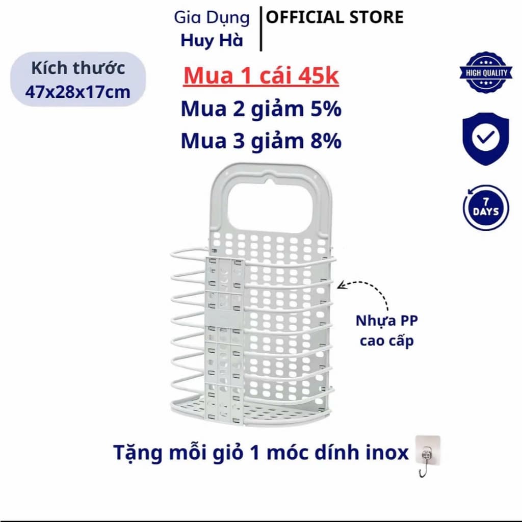 Giỏ nhựa đựng quần áo và đồ dùng sinh hoạt treo tường có thể gấp gọn (MS05)