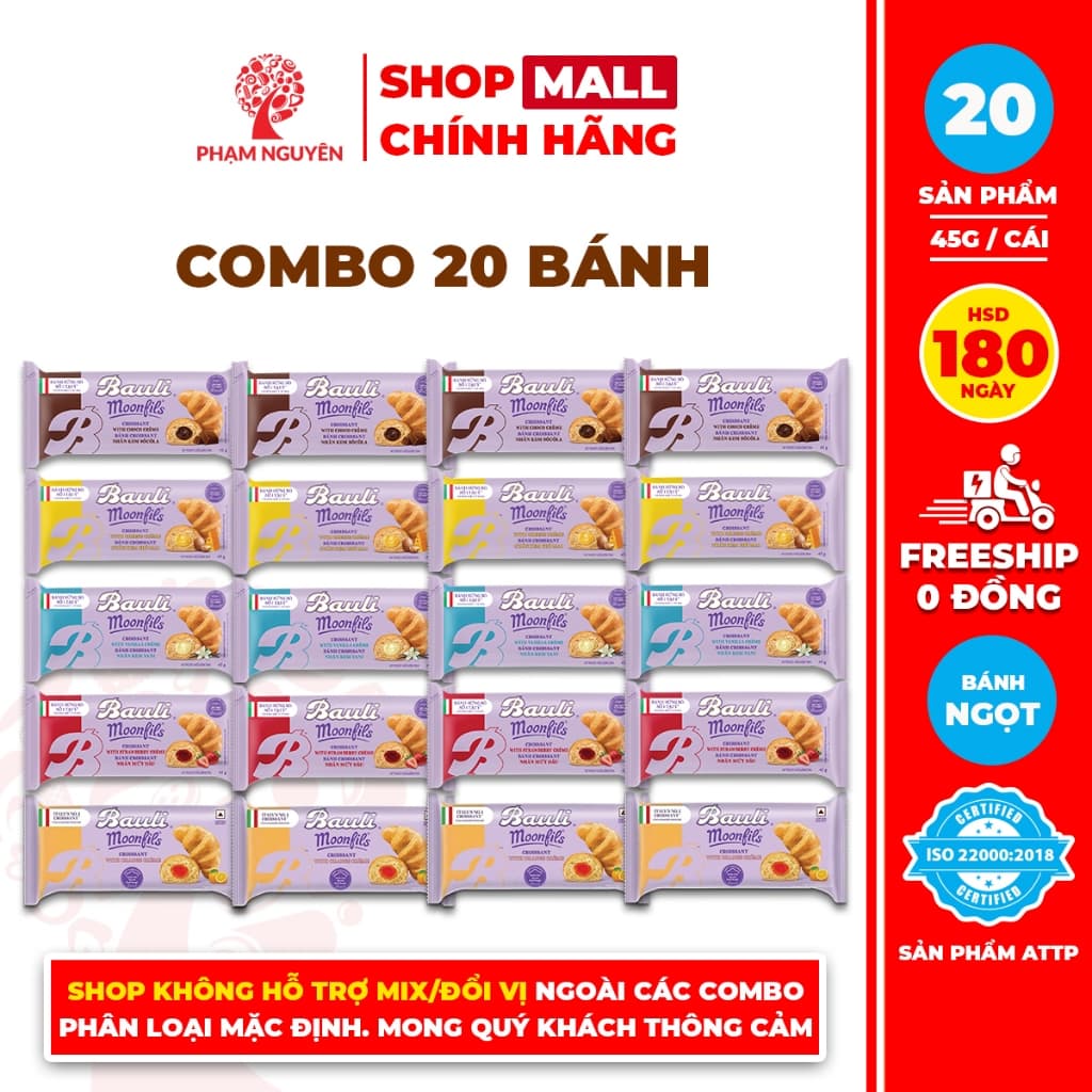Combo 20 Bánh Sừng Bò Bauli Moonfils Phạm Nguyên 45g | Bánh ăn sáng tiện lợi | Bánh sừng trâu