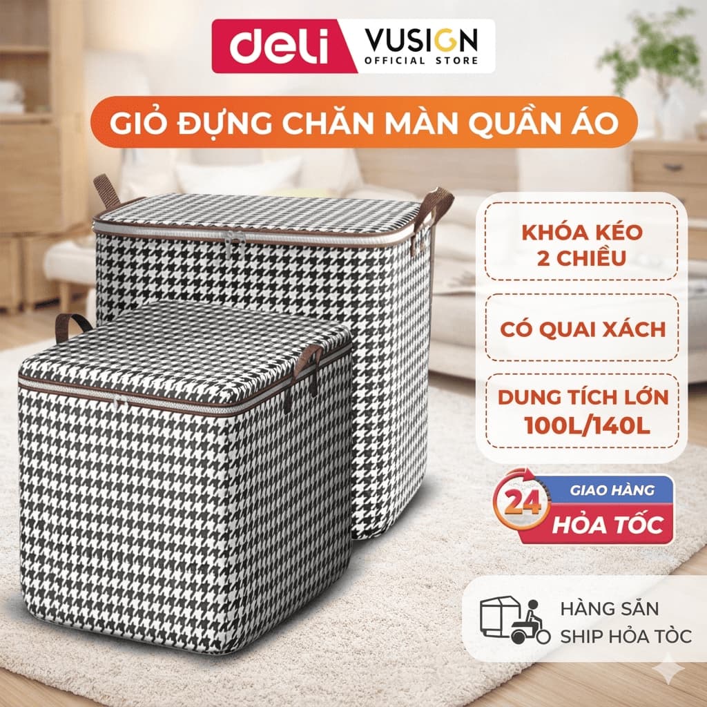 Túi Đựng Chăn Màn 140L DELI Giỏ Đựng Quần Áo Bằng Vải Đa Năng Cỡ Lớn Dễ Gấp Gọn Chống Bụi Bẩn Ẩm Mốc