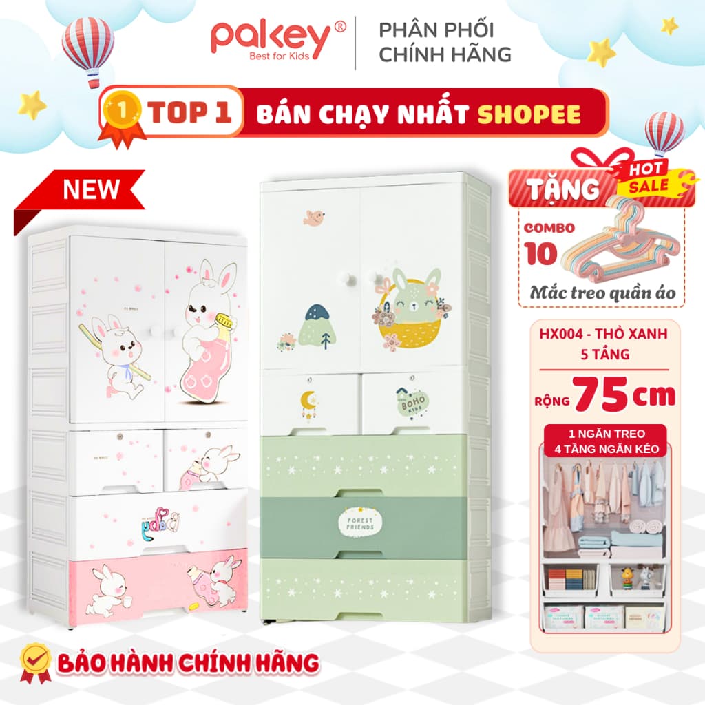 [TẶNG 10 MÓC] Tủ Để Đồ Có Ngăn Treo Chính Hãng PAKEY Rộng 75CM, Tủ Nhựa Cho Bé Dày Dặn Có Bánh Xe Di Chuyển Tiện Lợi