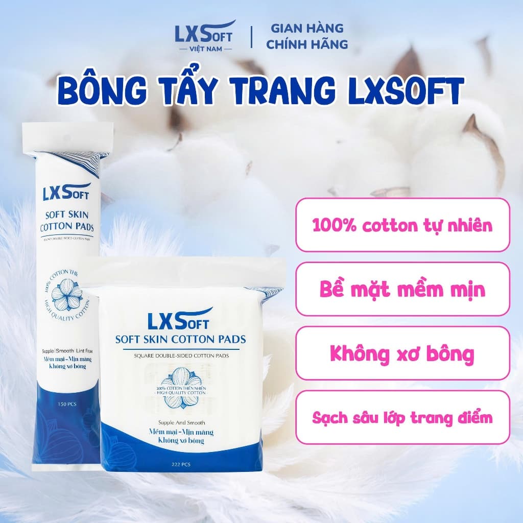 Bông tẩy trang LXSOFT 100% cotton 3 lớp mềm mịn, dập viền chắc chắn, không xơ bông