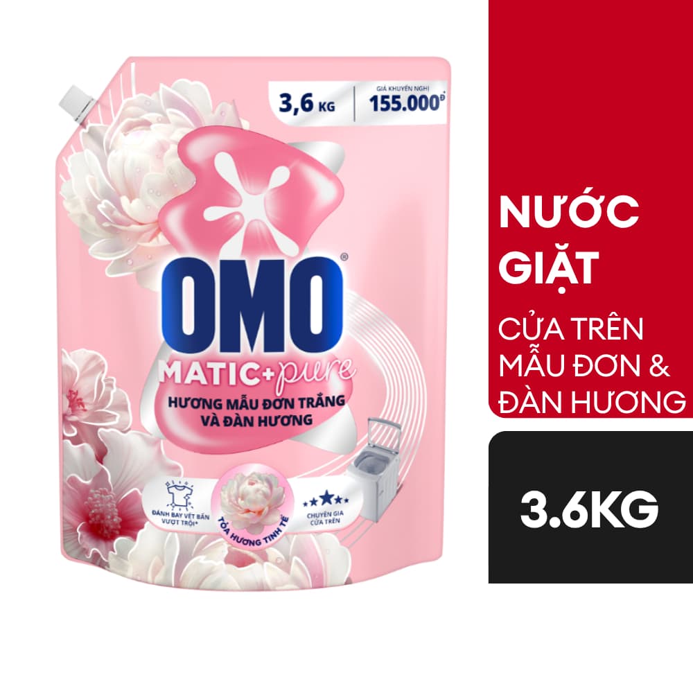 Nước giặt OMO Cửa Trên hương Mẫu Đơn Trắng và Đàn Hương 3.6kg
