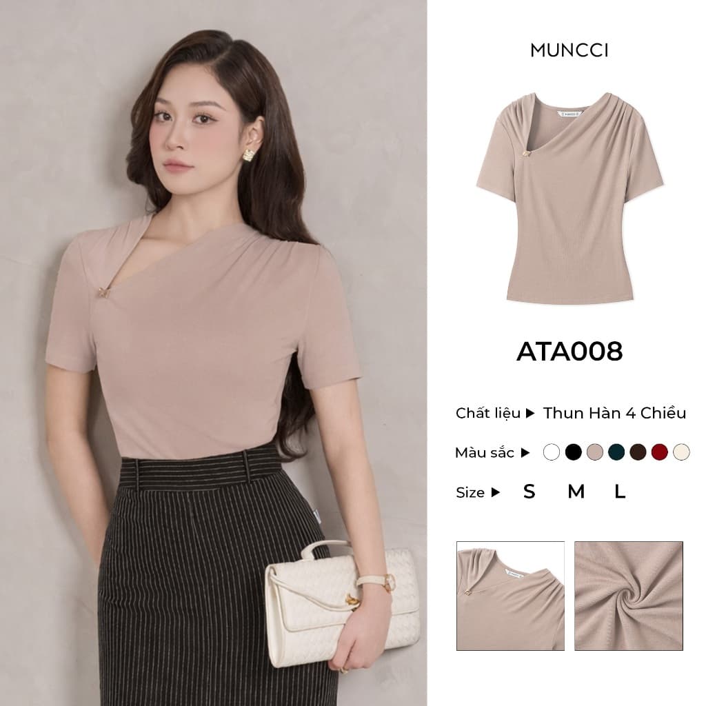 Áo Thun Nữ Cổ Chéo MUNCCI Đính Khuy Vàng Sang Trọng Chất Liệu Thun Hàn Co Giãn 4 Chiều Phong Cách Công Sở ATA008