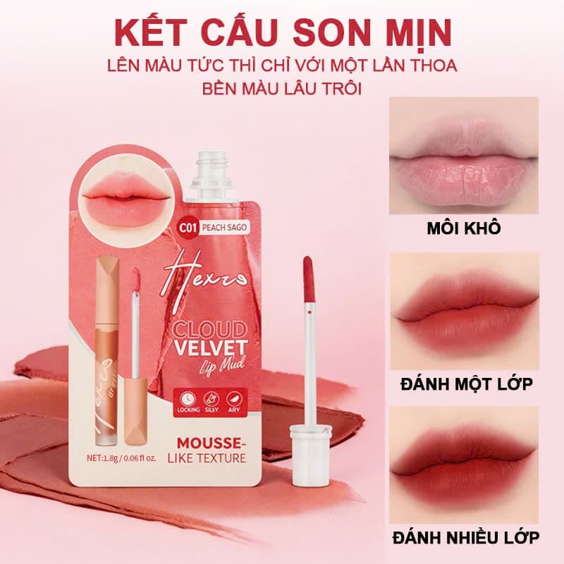 Son kem bùn dạng túi HEXZE CLOUD VELVET, hiệu ứng mịn lì như nhung, làm mờ rãnh môi cho đôi môi căng mọng
