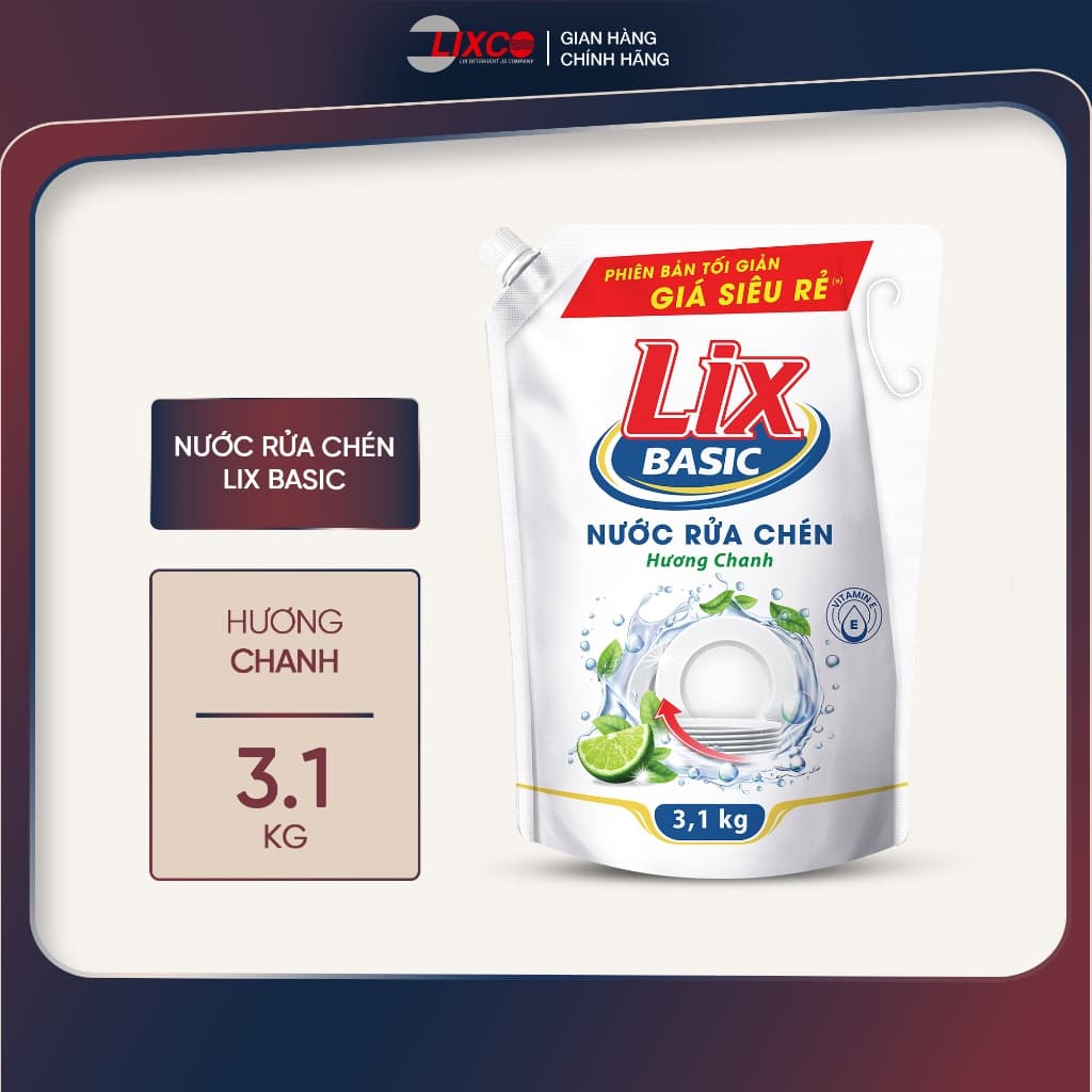 Nước rửa chén Lix Basic hương chanh 3.1kg - dịu nhẹ da tay, dùng lâu tiết kiệm 00347