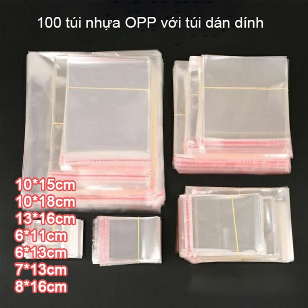 100 cái Túi kiếng trong dán keo Túi bóng kính nilon opp không miếng treo size nhỏ