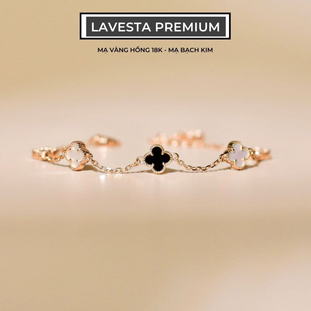 Lắc tay bạc nữ mạ vàng hồng 18K và mạ bạch kim LAVESTA LAV126 Yuri thiết kế cỏ 4 lá thời thượng, quyến rũ