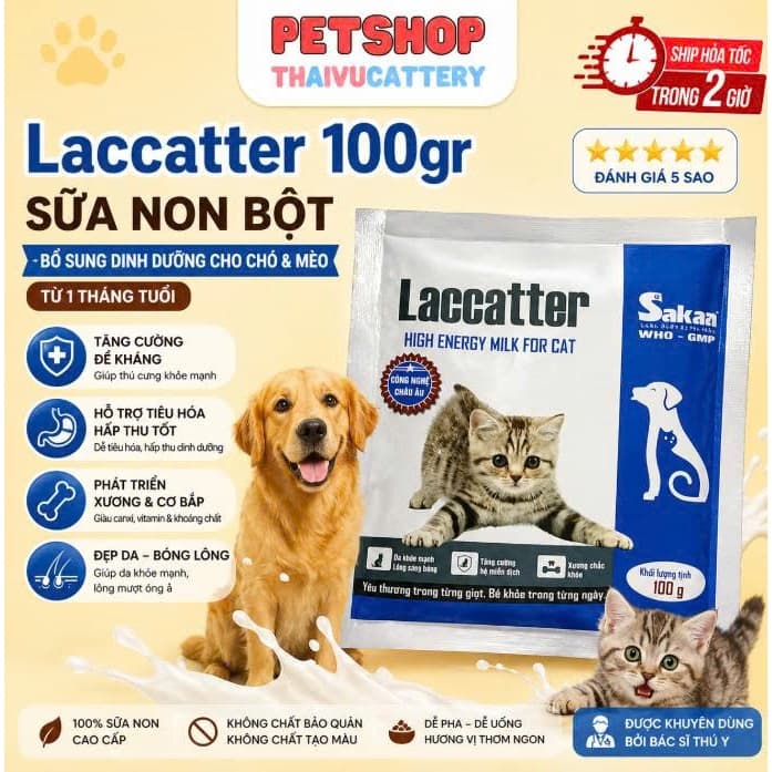 Sữa non bột Laccatter 100gr bổ sung dinh dưỡng cho chó mèo từ 1 tháng tuổi