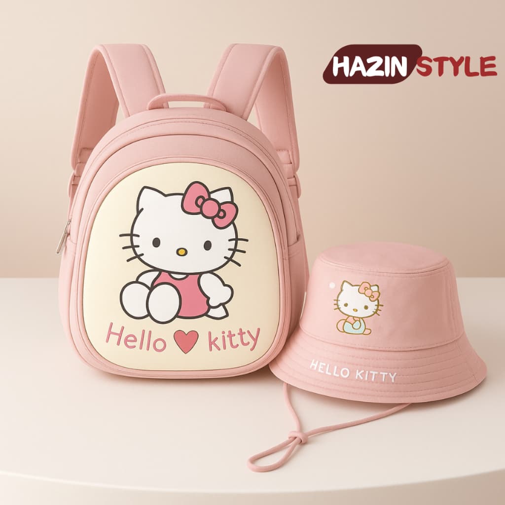 Combo Balo Mũ trẻ em cho bé trai bé gái từ 2-5 tuổi họa tiết Hello kitty dễ thương cho bé đi học mầm non mẫu giáo