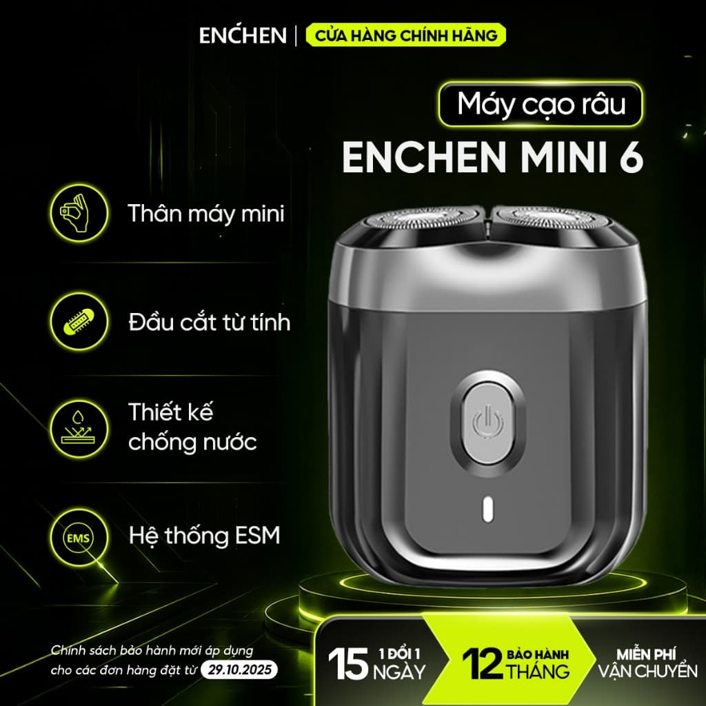 Máy cạo râu Enchen Mini 6 lưỡi dao kép mỏng, chống nước IPX7, pin sử dụng đến 2 tháng - BH 12 tháng