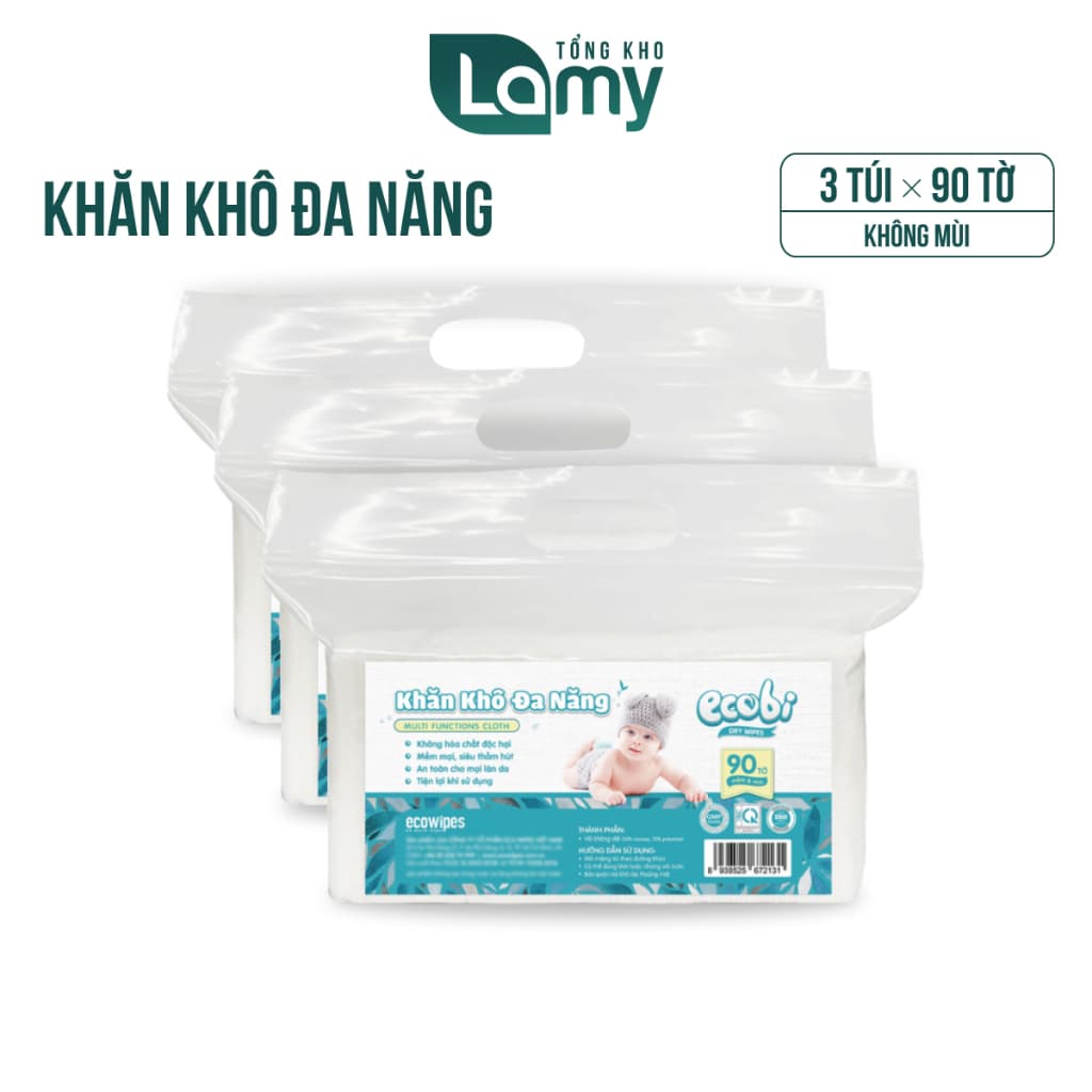 Combo 03 túi khăn lau vải khô đa năng cao cấp cho bé Ecobi gói 90 tờ không mùi