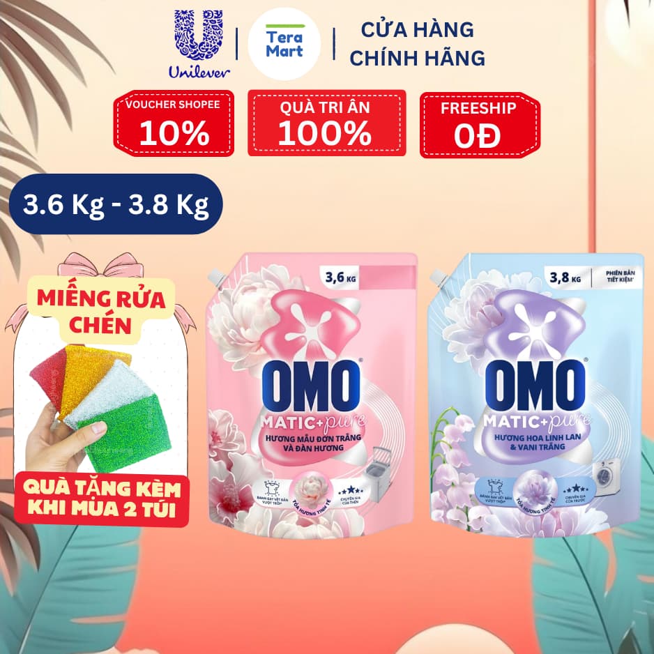 Nước giặt OMO Matic Pure Cửa Trên Mẫu Đơn & Đàn Hương | Cửa Trước Linh Lan & Vani Trắng (Túi 3.6kg / 3.8kg)