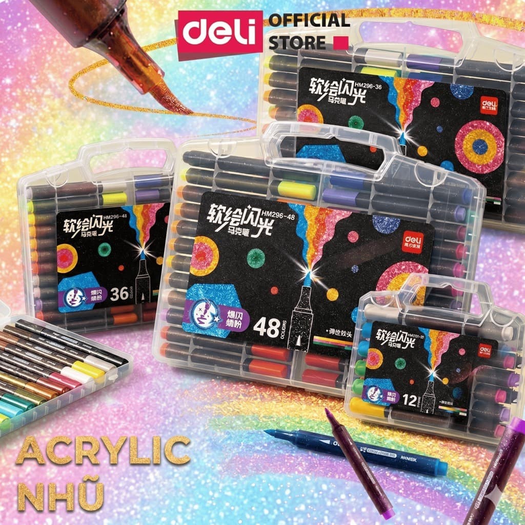 Bút Acrylic Marker Nhũ Kim Tuyến 12/24/36/48 Màu Cao Cấp Deli 1 Đầu Mềm Ngòi Nhũ Sáng Màu Vẽ Anime, Bullet Journal