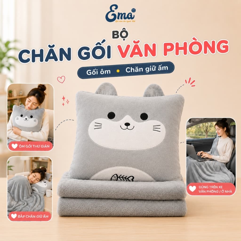 [ShopeeVIP] Bộ Chăn Gối Văn Phòng 2 Trong 1 EMA - Gối Mền Ngủ Trưa Hình Thú Nhung Mịn Có Luồn Tay Giữ Ấm Đa Năng
