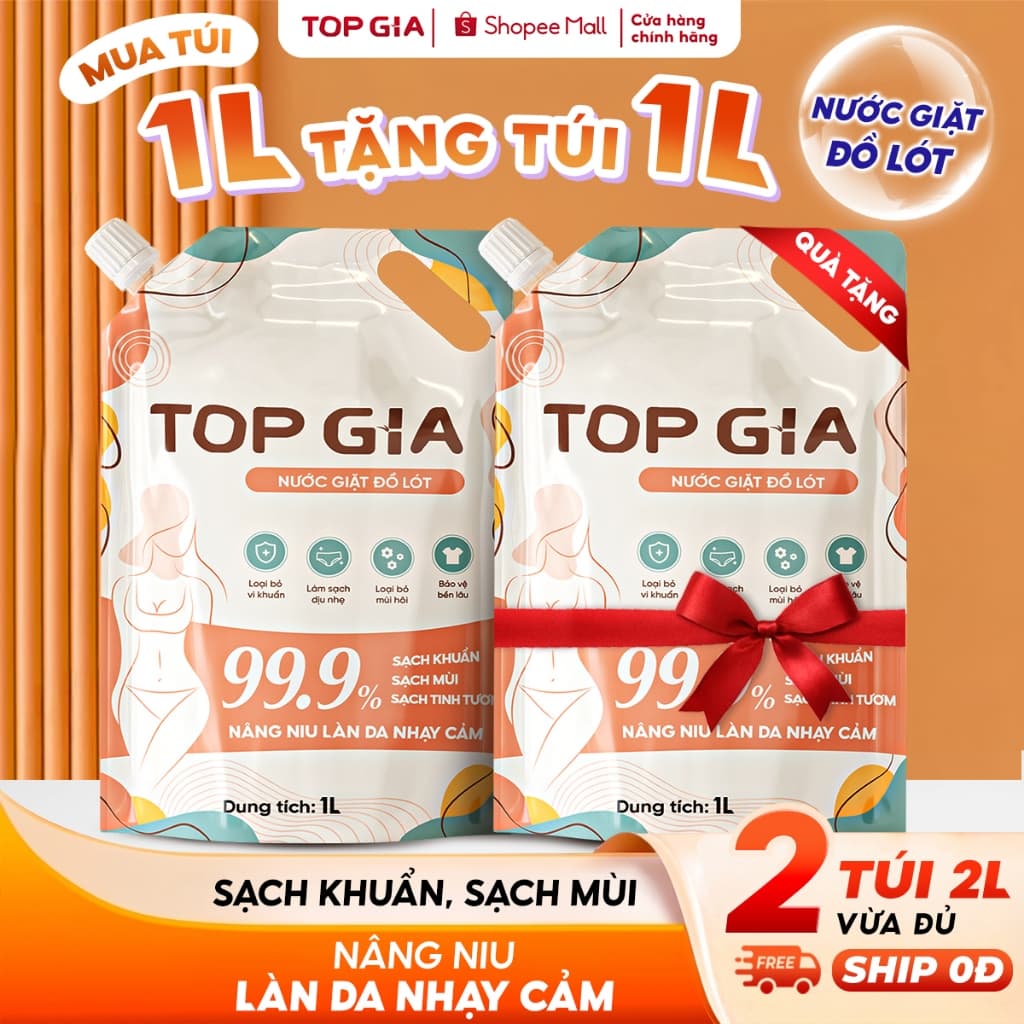 [MUA 1L TẶNG 1L] Nước Giặt Đồ Lót TopGia Dịu Nhẹ Cho Da, Sạch Mùi Hôi, Nano Bạc Kháng Khuẩn, Túi 1L