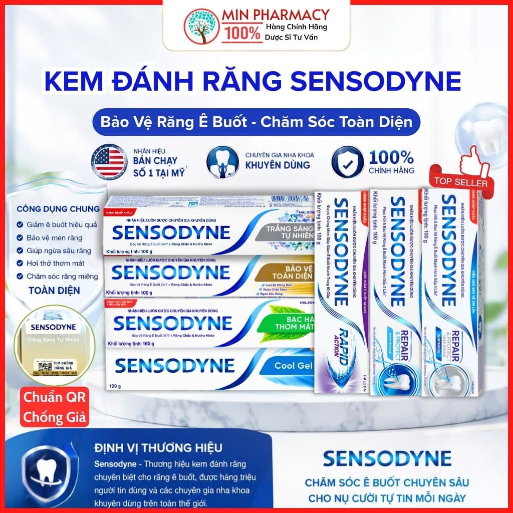 Kem Đánh Răng SENSODYNE Giảm ê buốt 24/7 Mát lạnh/ Bạc hà the mát/ Làm sáng răng 100g - Minpharmac