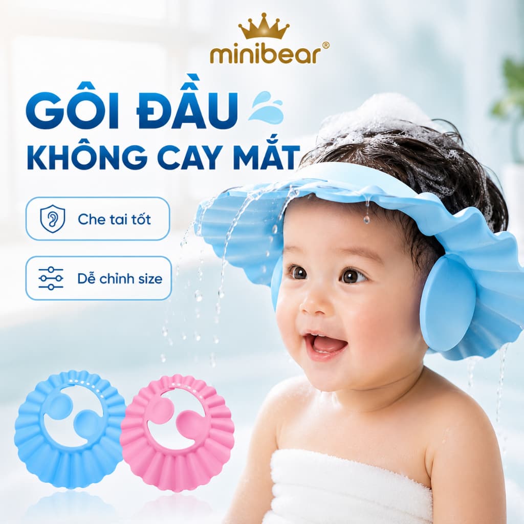 Mũ Gội Đầu Cho Bé MiniBear Chắn Nước Che Tai, Nón Tắm Trẻ Em Hỗ Trợ Cắt Tóc, Điều Chỉnh 4 Nấc, Không Vào Mắt, 6 Tháng+