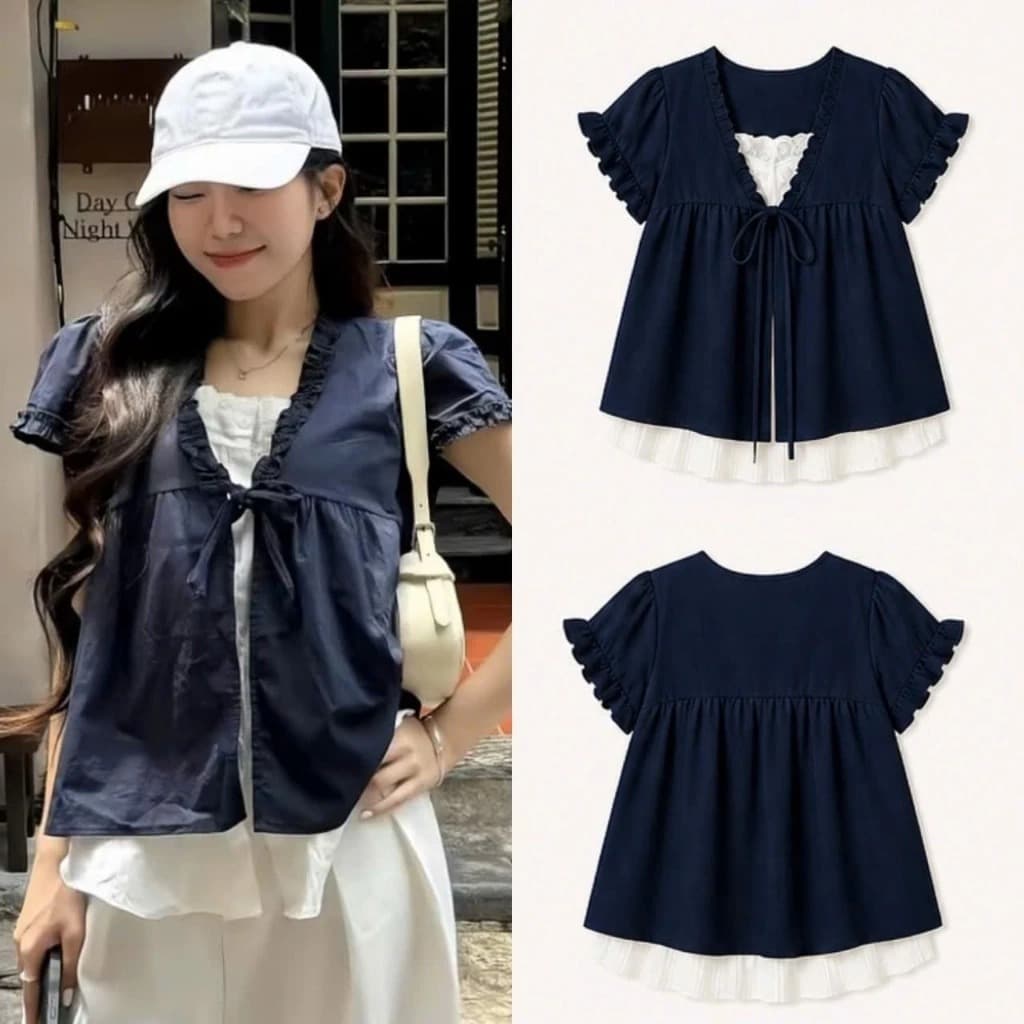 Áo Babydoll Viền Bèo Cộc Tay Nơ Ngực Phối Ren Trắng, Áo Sơ Mi Phối Thân Trắng Liền Dáng Suông Phong Cách Hàn