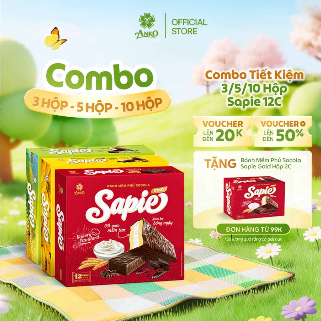 Combo 3 Hộp/5 Hộp/10 Hộp - Bánh Mềm Phủ Socola Sapie Hộp 12 Cái Gold Chuối Cốm - Thơm Ngon Tiết Kiệm