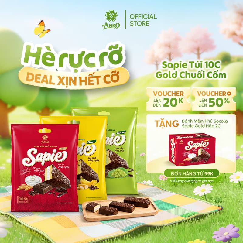 Bánh Mềm Phủ Socola Sapie Vị Gold Chuối Cốm - Túi 10 Cái - Bánh Ngọt Thơm Ngon Cho Gia Đình