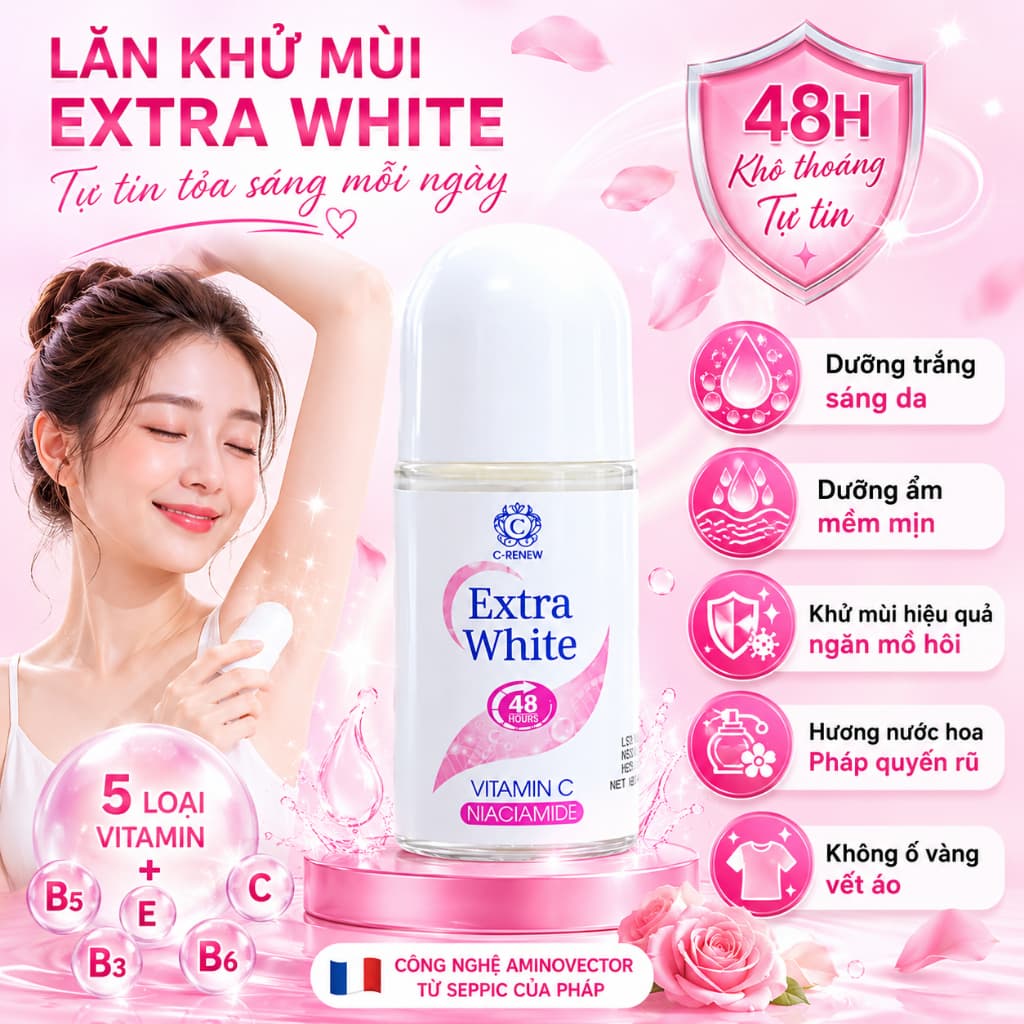 Lăn Khử Mùi Dưỡng Trắng Da Extra White 50ml Khô Thoáng 48h Chính Hãng C-Renew