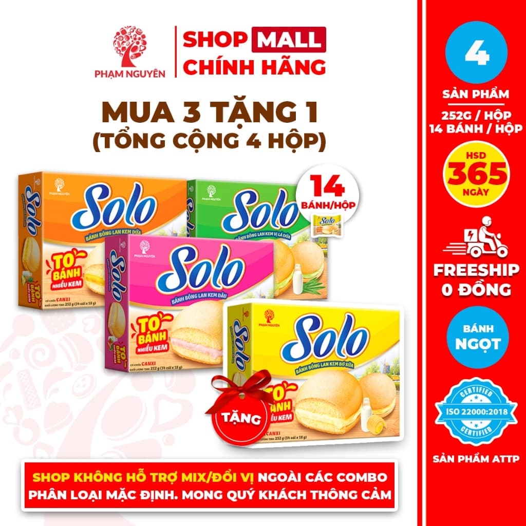 [MUA 3 TẶNG 1] Tổng cộng 4 Hộp Bánh bông lan kem Solo Phạm Nguyên 252g | Đồ ăn vặt
