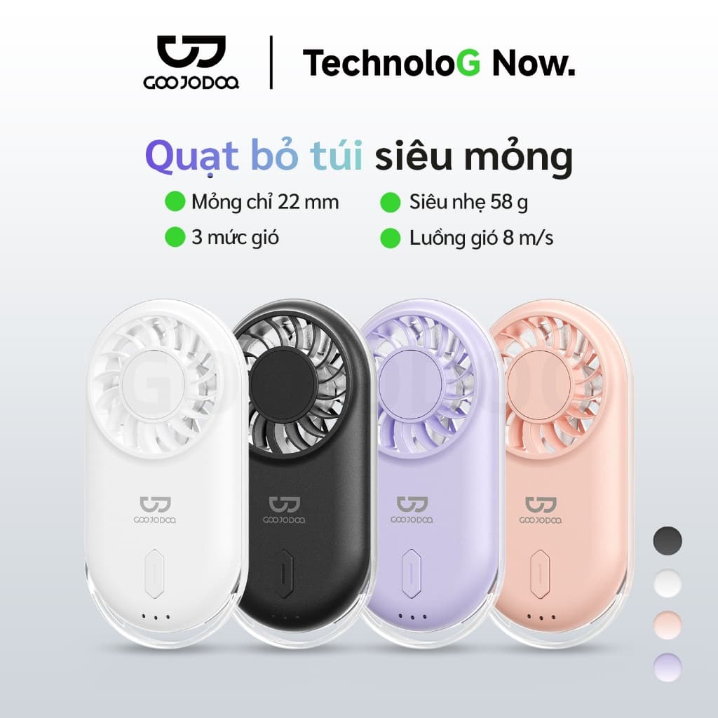 Quạt Cầm Tay GOOJODOQ Siêu Mỏng 22mm Tốc Độ 10000 RPM, Gió Mạnh 9.1m/s, 3 Tốc Độ,Nhẹ 58g, Pin 900mAh