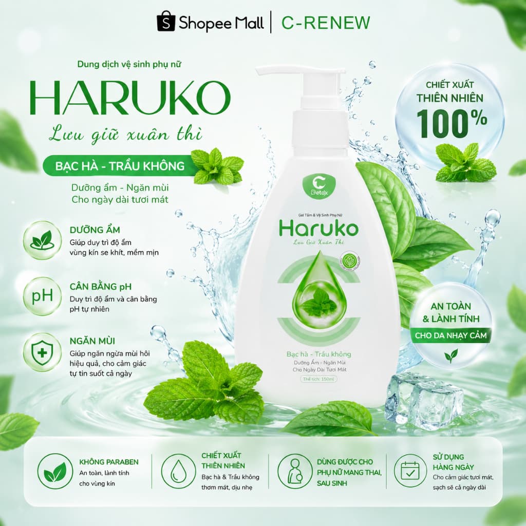 Dung Dịch Vệ Sinh Phụ Nữ Haruko Bạc Hà - Trầu Không Kháng Khuẩn Giảm Ngứa Ngăn Mùi Detox C - 150ml
