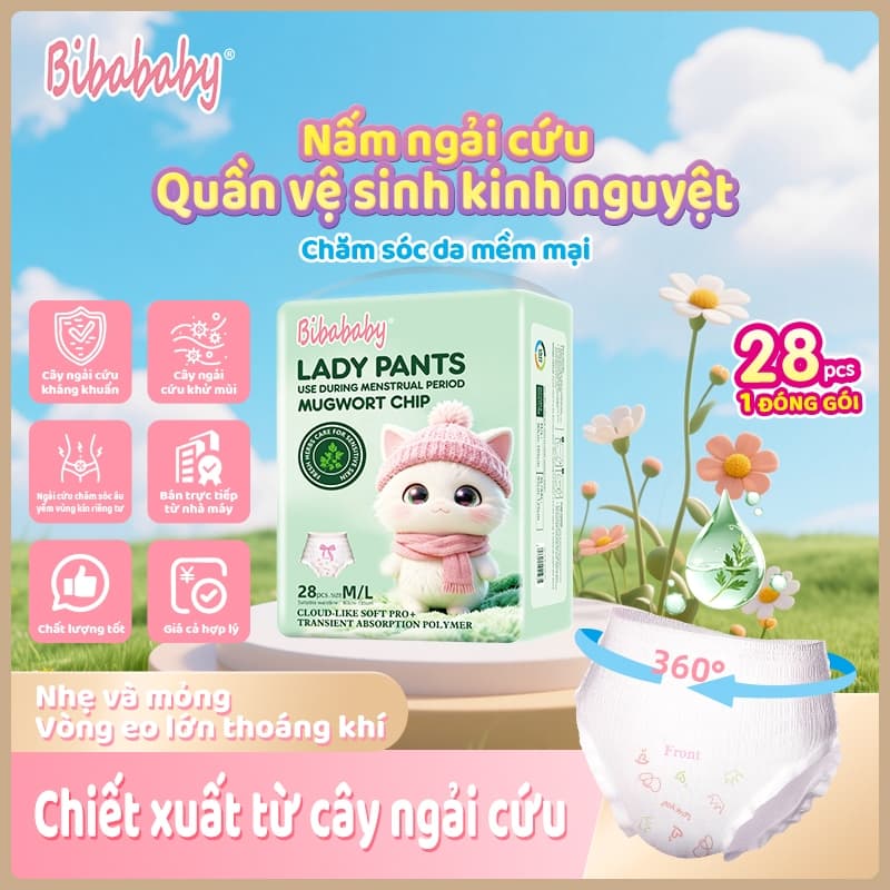 Tã quần vệ sinh nữ Bibababy, 28 miếng, chip ngải cứu, kháng khuẩn khử mùi, thoáng khí 360 độ