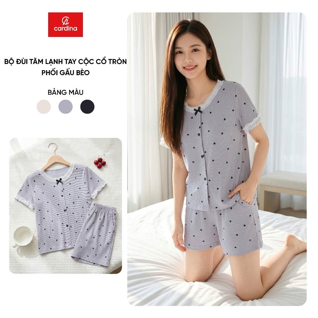 Bộ đồ mặc nhà nữ Cardina chất liệu tăm lạnh tay cộc cổ tròn tay phối gấu bèo và quần đùi 6BFN02