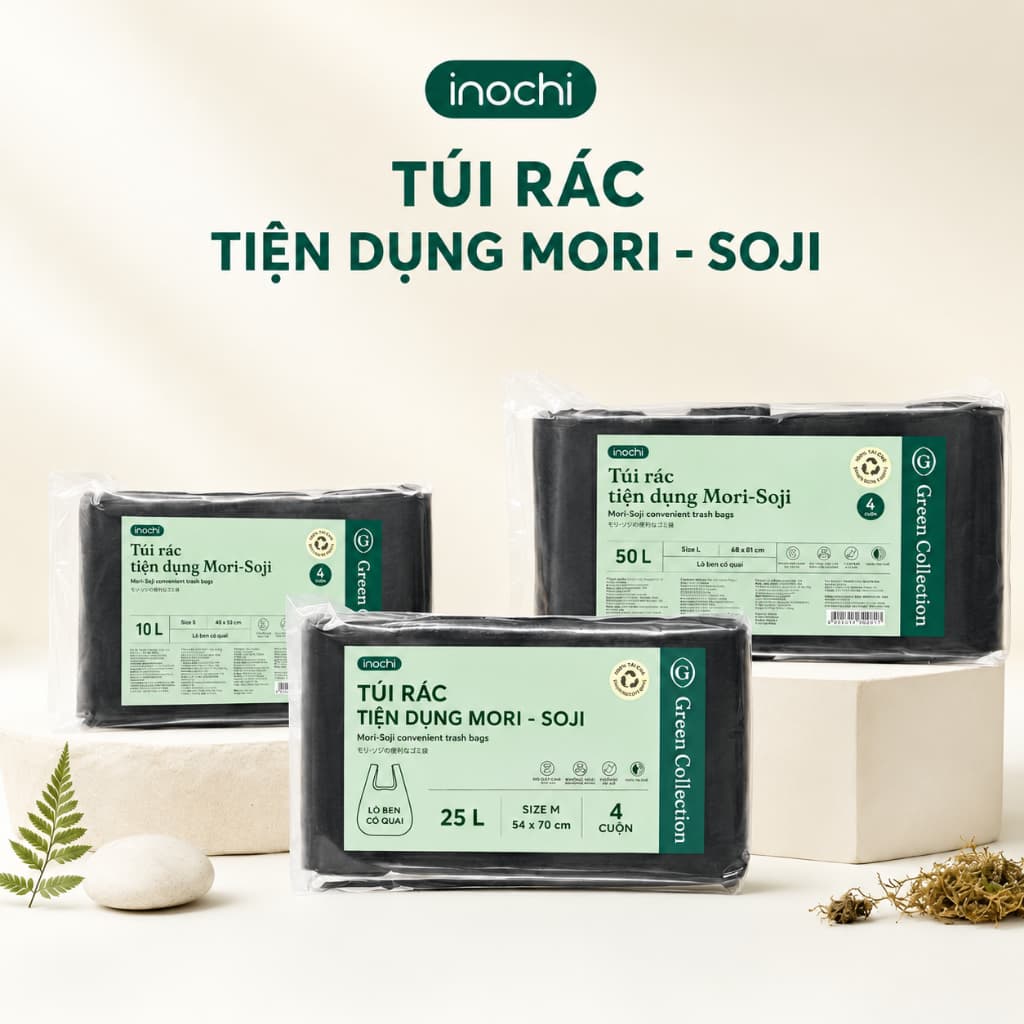 Lô túi rác tiện dụng Inochi (4 cuộn) - Túi rác đen/màu tự hủy, an toàn , có quai xách tiện lợi