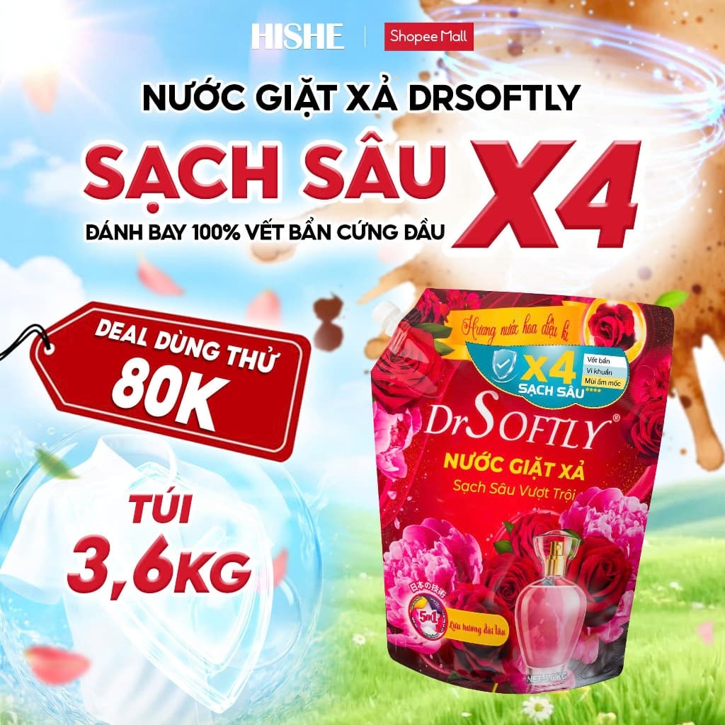 [ 3,6KG] Nước giặt xả 5IN1 Drsoftly SẠCH SÂU X4, đánh bay bùn đất, dầu mỡ, mùi đồ ăn, lưu hương đến 72h