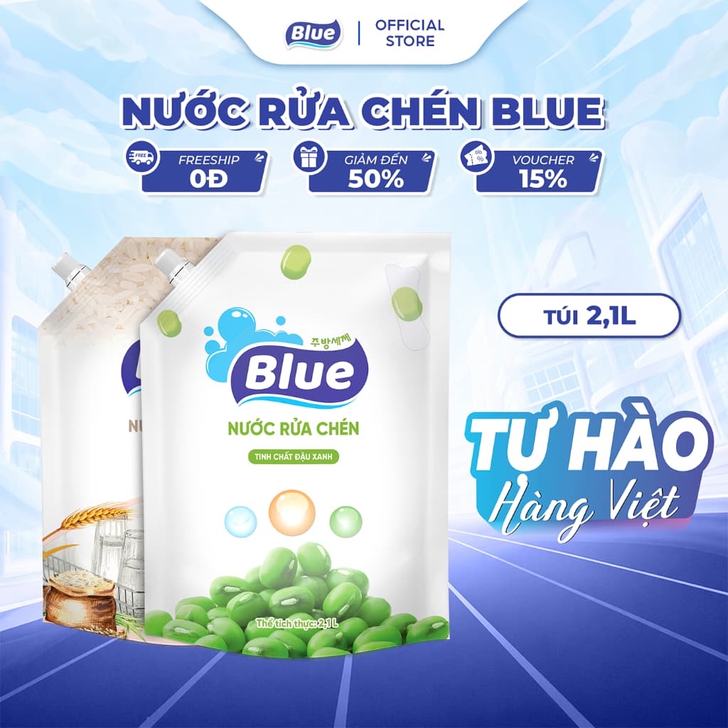 Nước Rửa Chén BLUE 2.1L Chiết Xuất Gạo, Đậu Xanh Dịu Nhẹ, An Toàn Cho Da, Loại Bỏ Dầu Mỡ