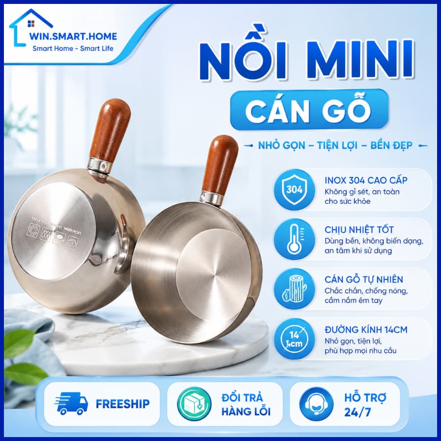 Nồi Mini Inox Cán Gỗ Chống Bỏng, Nồi Nấu Mì, Đun Sữa, Làm Sốt - Dễ Vệ Sinh, Đun Được Bếp Gas, Bếp Từ