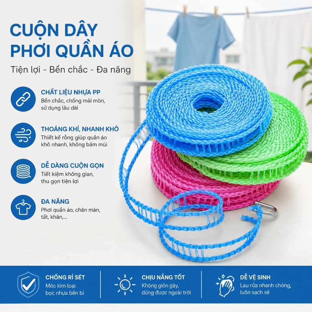 Dây phơi quần áo thông minh chống trượt màu ngẫu nhiên 3m 5m 8m 10m